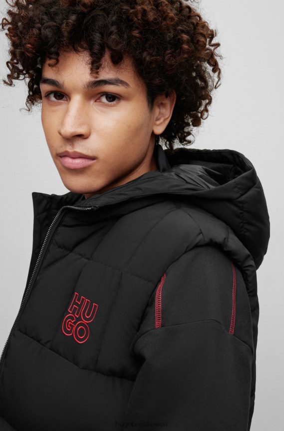 4TFNJN3313 أسود Hugo Boss جيليه منتفخ طارد للماء بقصة ضيقة مع شعار Hugo باللون الأسود