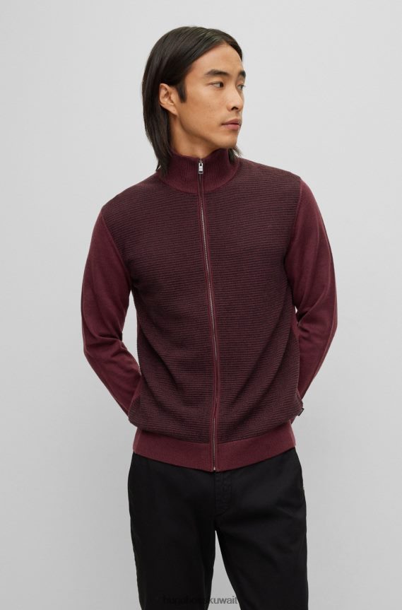 4TFNJN3323 احمر غامق Hugo Boss سترة هوغو محبوكة بسحاب من الصوف البكر باللون الأحمر الداكن