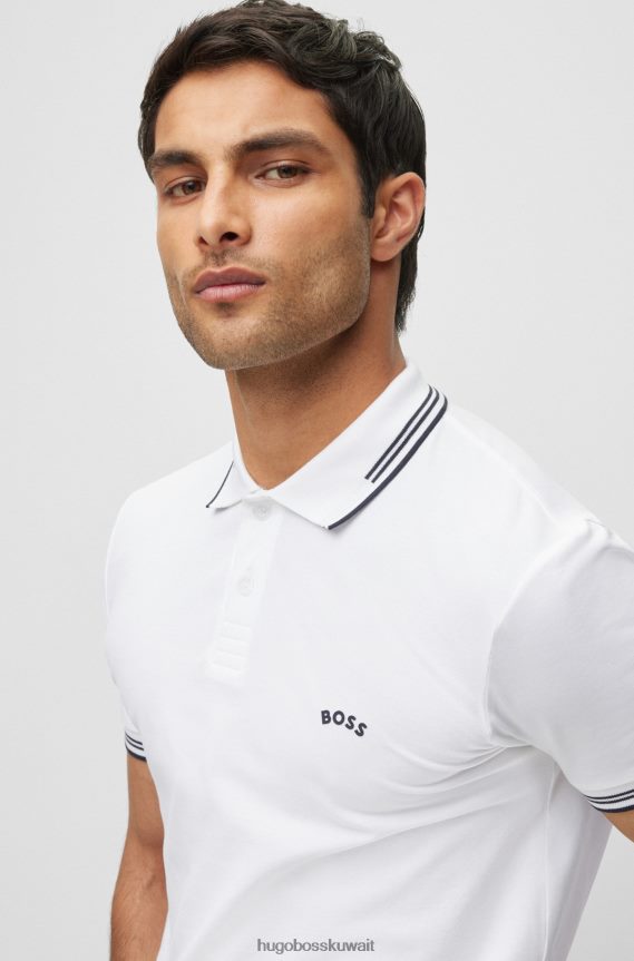 4TFNJN3342 أبيض Hugo Boss قميص بولو من القطن المطاطي بقصة ضيقة مع شعار منحني باللون الأبيض