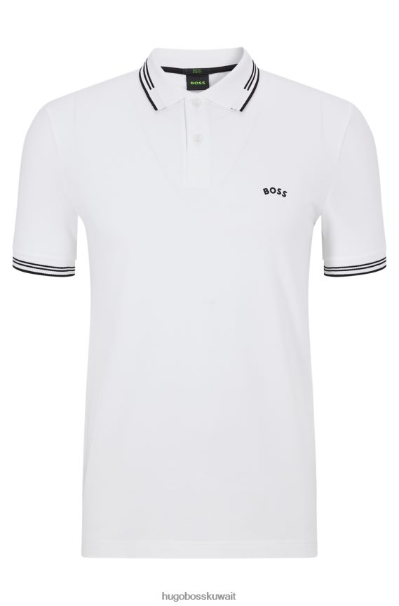 4TFNJN3342 أبيض Hugo Boss قميص بولو من القطن المطاطي بقصة ضيقة مع شعار منحني باللون الأبيض