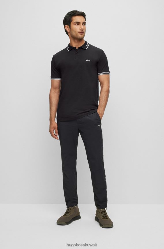 4TFNJN3343 أسود Hugo Boss قميص بولو أسود من القطن المطاطي بقصة ضيقة مع شعار هوغو منحني