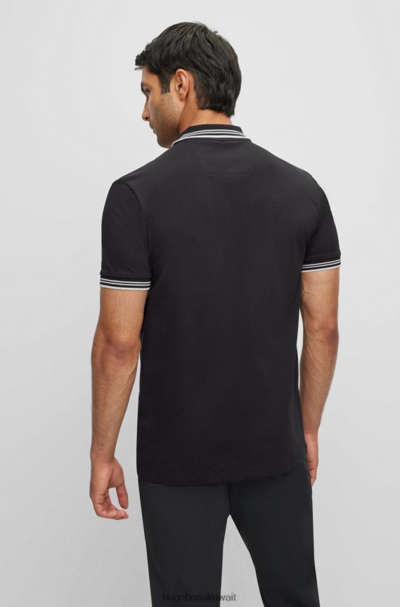 4TFNJN3343 أسود Hugo Boss قميص بولو أسود من القطن المطاطي بقصة ضيقة مع شعار هوغو منحني