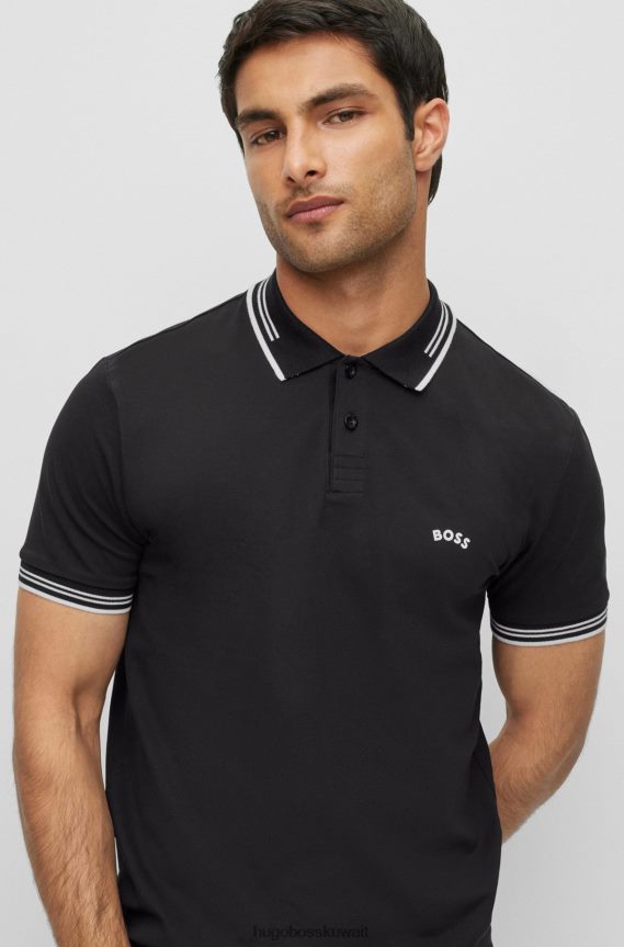 4TFNJN3343 أسود Hugo Boss قميص بولو أسود من القطن المطاطي بقصة ضيقة مع شعار هوغو منحني
