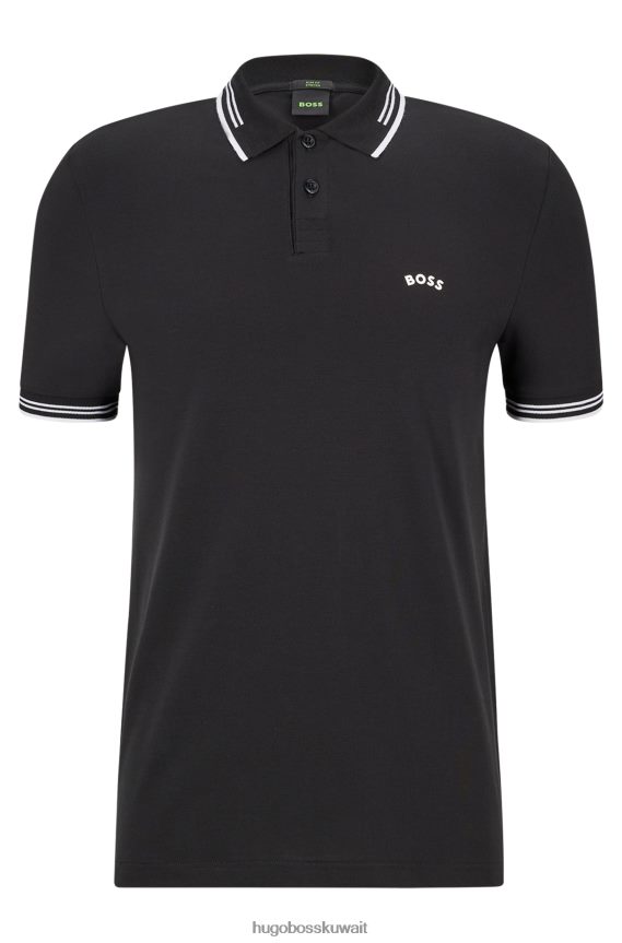 4TFNJN3343 أسود Hugo Boss قميص بولو أسود من القطن المطاطي بقصة ضيقة مع شعار هوغو منحني