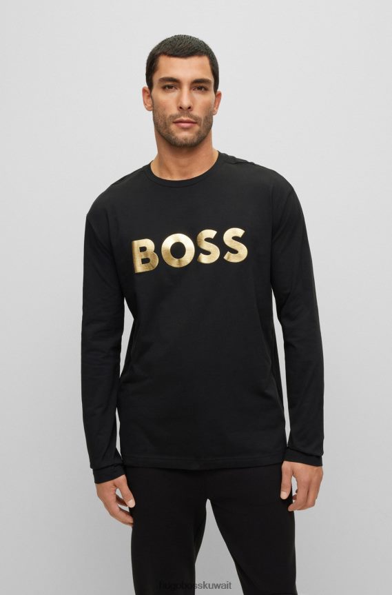 4TFNJN3346 أسود Hugo Boss تيشيرت هوغو من الجيرسي القطني باللون الأسود بأكمام طويلة وطبعة شعار