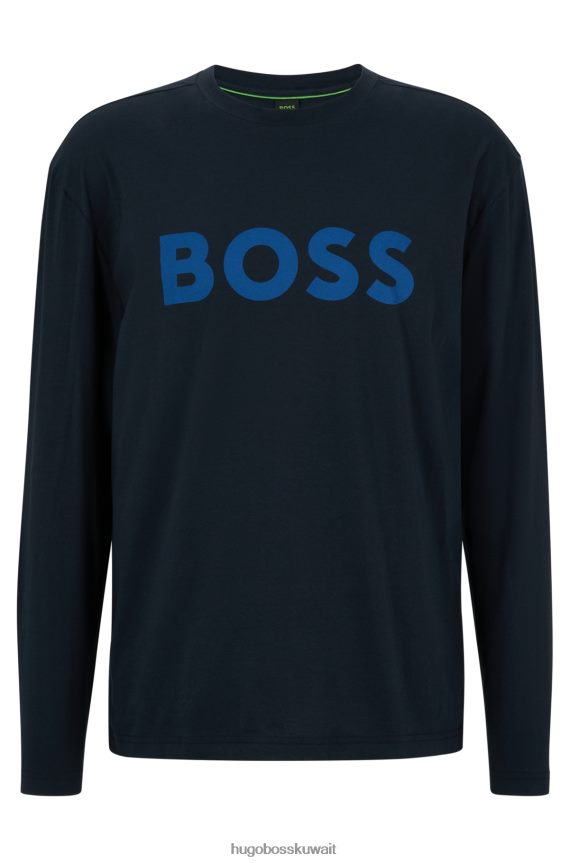 4TFNJN3347 أزرق غامق Hugo Boss تيشيرت هوغو من الجيرسي القطني بأكمام طويلة وطبعة شعار باللون الأزرق الداكن