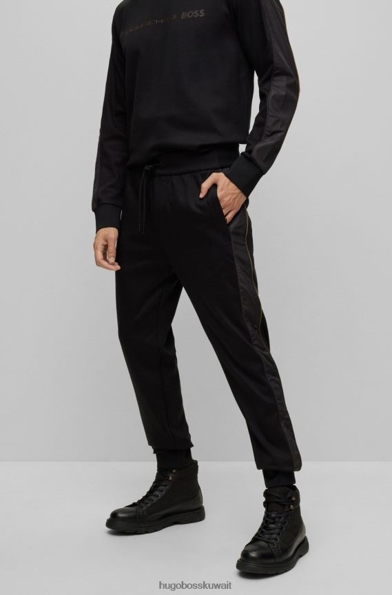 4TFNJN3355 أسود Hugo Boss قطعة سفلية من بدلة رياضية من القطن المرسيري مع أساور تحمل الشعار