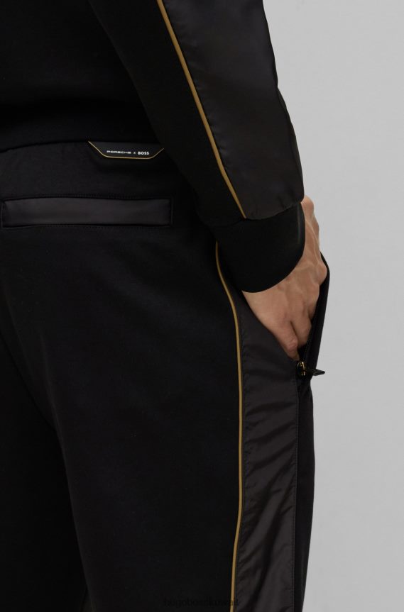 4TFNJN3355 أسود Hugo Boss قطعة سفلية من بدلة رياضية من القطن المرسيري مع أساور تحمل الشعار