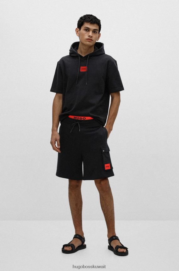 4TFNJN3363 أسود Hugo Boss سويت شيرت من قطن تيري بأكمام قصيرة مع شعار أحمر هوغو أسود