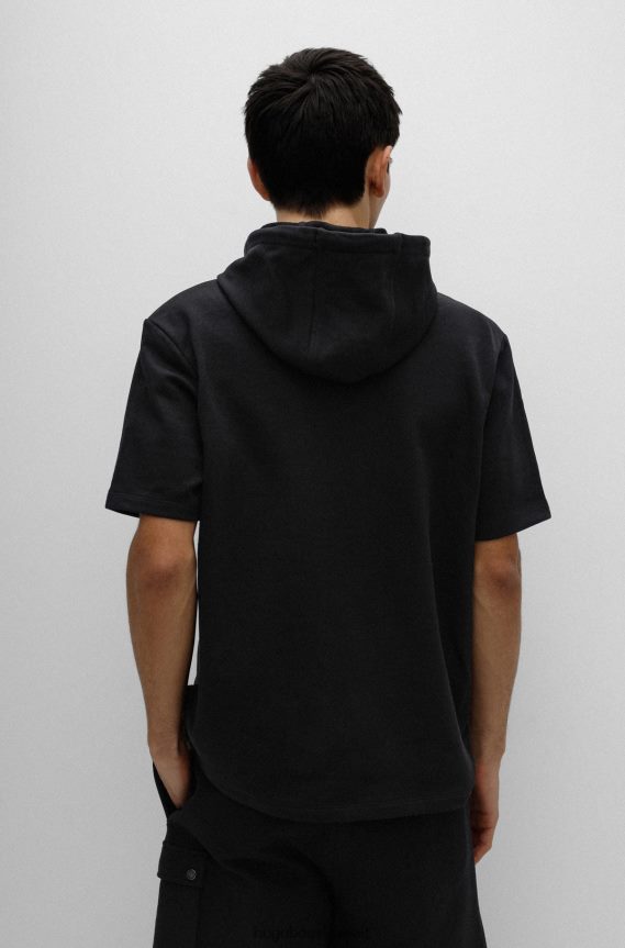 4TFNJN3363 أسود Hugo Boss سويت شيرت من قطن تيري بأكمام قصيرة مع شعار أحمر هوغو أسود