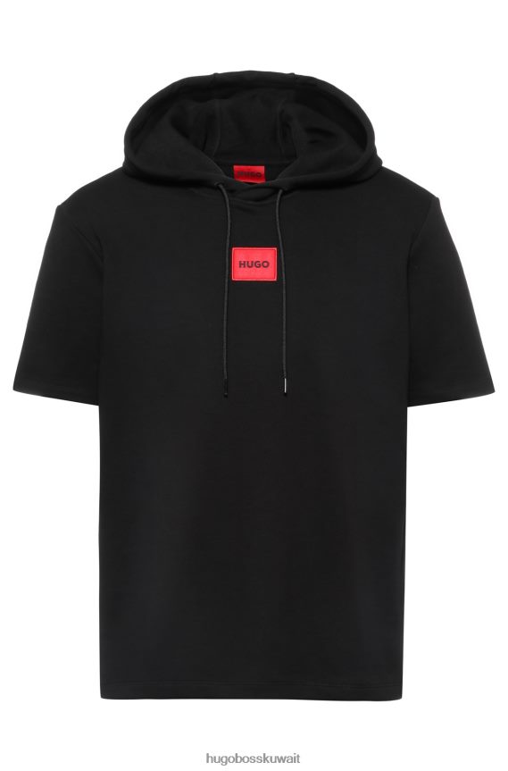 4TFNJN3363 أسود Hugo Boss سويت شيرت من قطن تيري بأكمام قصيرة مع شعار أحمر هوغو أسود