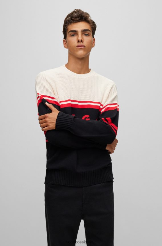 4TFNJN3364 أسود Hugo Boss سترة هوغو سوداء مخططة من القطن العضوي مع شعار الجاكار