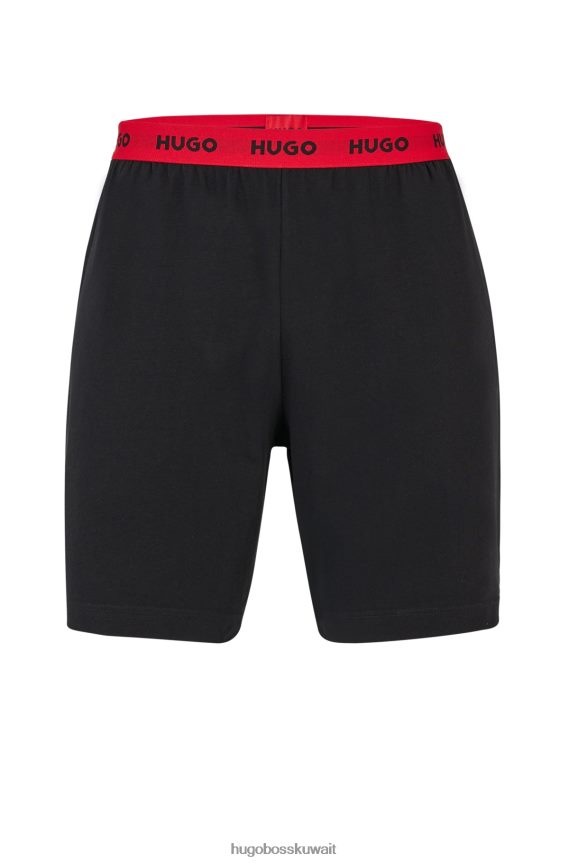 4TFNJN3377 أسود Hugo Boss شورت بيجامة من القطن المطاطي باللون الأسود مع حزام خصر يحمل الشعار