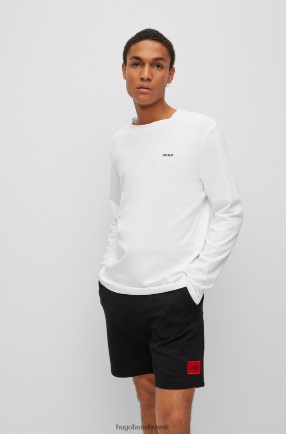 4TFNJN3378 أبيض Hugo Boss تيشيرت هوغو بأكمام طويلة من قطن الجيرسيه مع طباعة الشعار باللون الأبيض