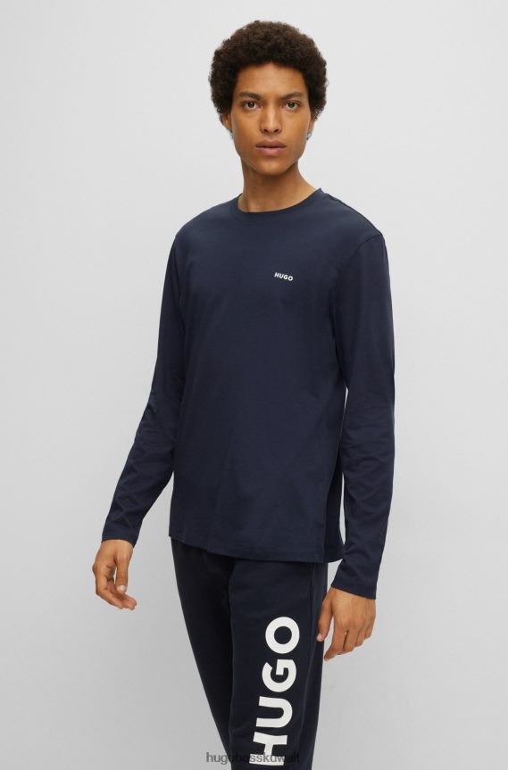 4TFNJN3379 أزرق غامق Hugo Boss تيشيرت بأكمام طويلة من قطن الجيرسيه مع طباعة شعار Hugo باللون الأزرق الداكن