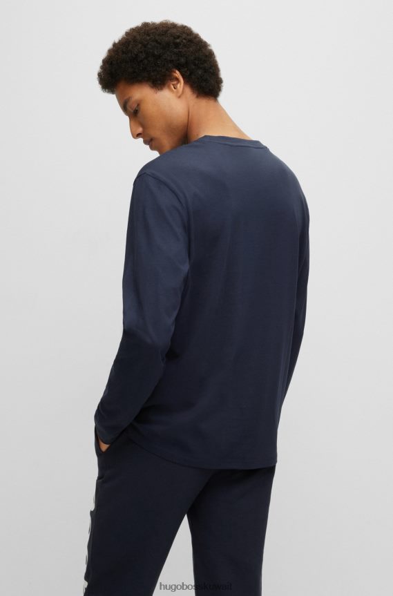 4TFNJN3379 أزرق غامق Hugo Boss تيشيرت بأكمام طويلة من قطن الجيرسيه مع طباعة شعار Hugo باللون الأزرق الداكن