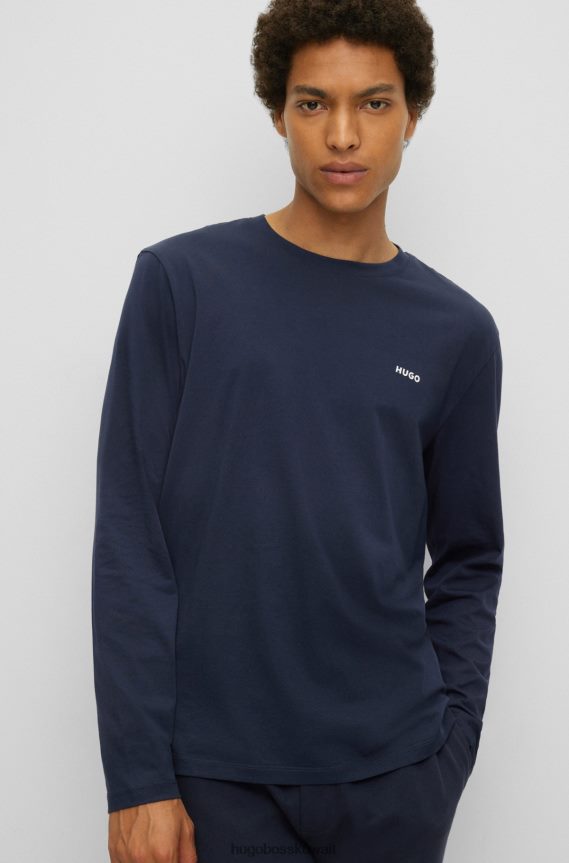 4TFNJN3379 أزرق غامق Hugo Boss تيشيرت بأكمام طويلة من قطن الجيرسيه مع طباعة شعار Hugo باللون الأزرق الداكن