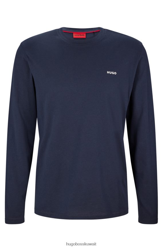 4TFNJN3379 أزرق غامق Hugo Boss تيشيرت بأكمام طويلة من قطن الجيرسيه مع طباعة شعار Hugo باللون الأزرق الداكن