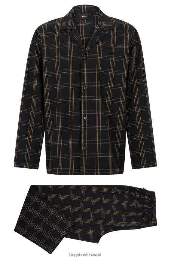 4TFNJN3391 أسود Hugo Boss طقم بيجامة من القطن مع حواف مميزة باللون الأسود