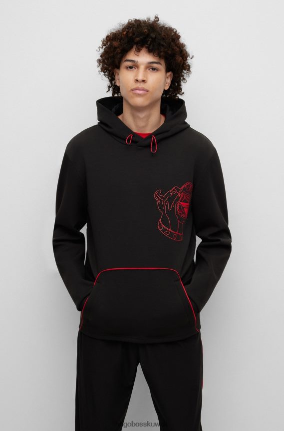 4TFNJN3403 أسود Hugo Boss هودي من مزيج القطن باللون الأسود مع طبعة كلب وشعار كبسولة من هوغو