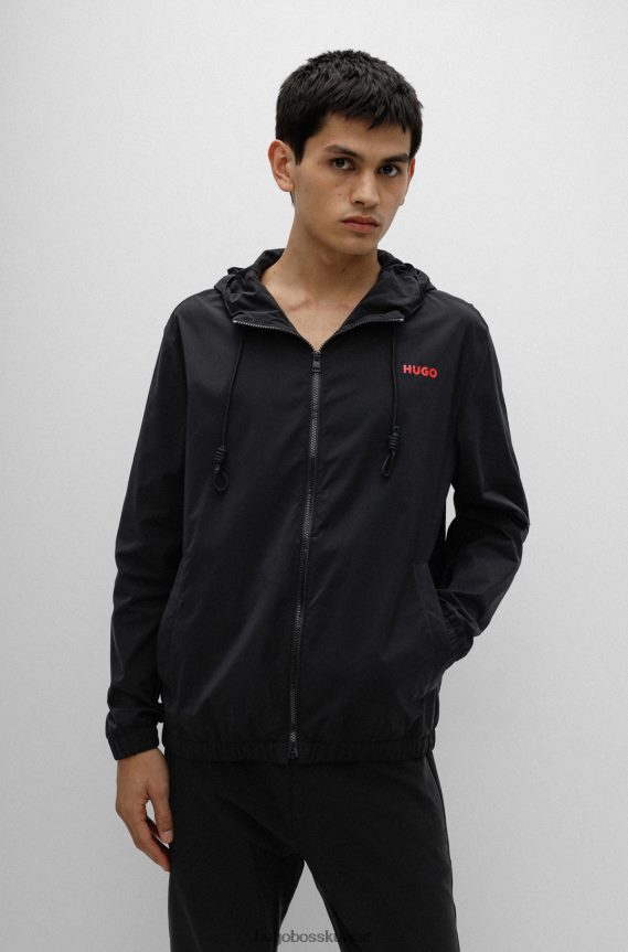 4TFNJN3411 أسود Hugo Boss سترة بغطاء رأس مقاومة للماء مع شعارات مطبوعة باللون الأسود من هوغو