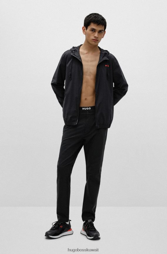 4TFNJN3411 أسود Hugo Boss سترة بغطاء رأس مقاومة للماء مع شعارات مطبوعة باللون الأسود من هوغو