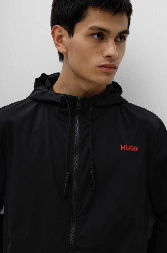 4TFNJN3411 أسود Hugo Boss سترة بغطاء رأس مقاومة للماء مع شعارات مطبوعة باللون الأسود من هوغو