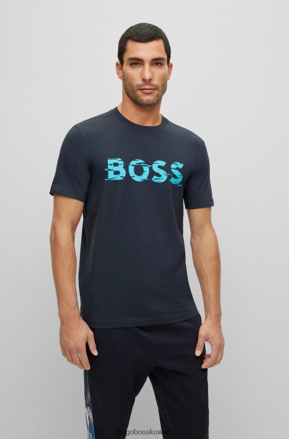 4TFNJN3415 أزرق غامق Hugo Boss تي شيرت Hugo من القطن المطاطي باللون الأزرق الداكن مع طباعة شعار جرافيك
