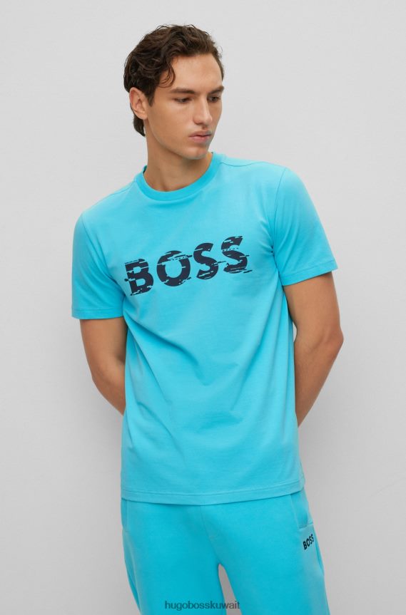 4TFNJN3416 أزرق فاتح Hugo Boss تيشيرت Hugo من القطن المطاطي مع طباعة شعار جرافيك باللون الأزرق الفاتح