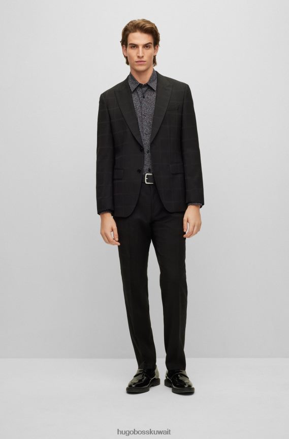 4TFNJN3419 أسود Hugo Boss قميص أسود بقصة ضيقة من قماش البوبلين القطني المطبوع