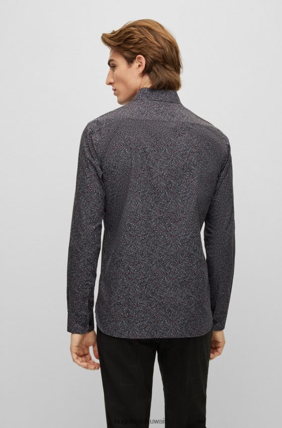 4TFNJN3419 أسود Hugo Boss قميص أسود بقصة ضيقة من قماش البوبلين القطني المطبوع