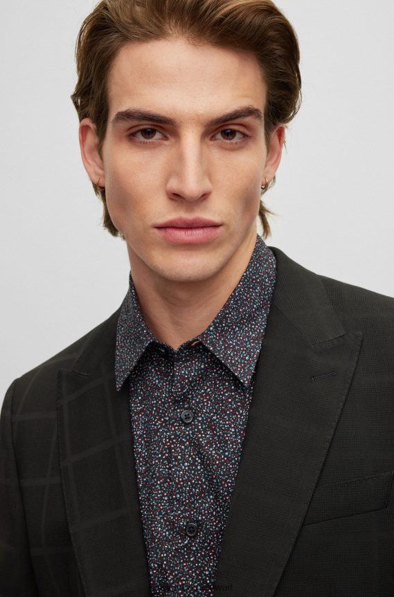 4TFNJN3419 أسود Hugo Boss قميص أسود بقصة ضيقة من قماش البوبلين القطني المطبوع
