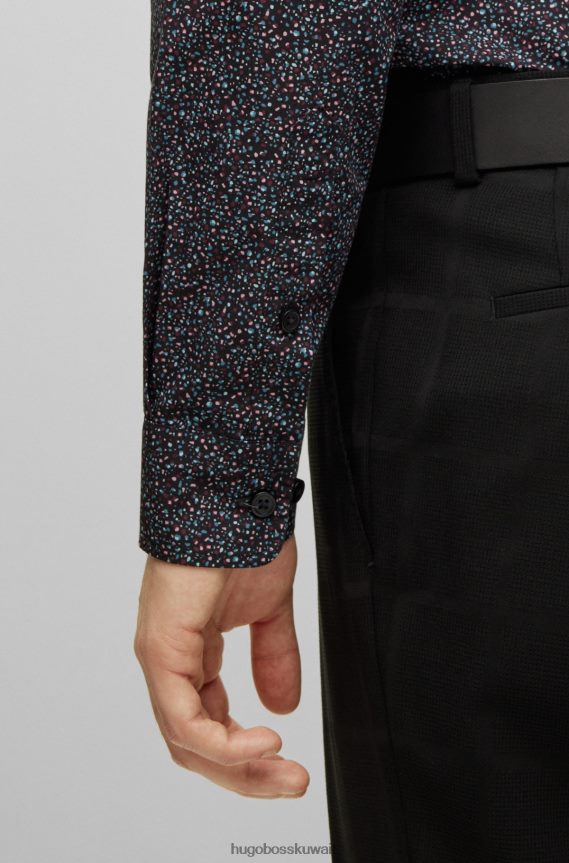 4TFNJN3419 أسود Hugo Boss قميص أسود بقصة ضيقة من قماش البوبلين القطني المطبوع
