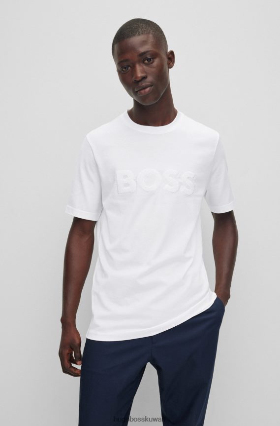 4TFNJN3422 أبيض Hugo Boss تي شيرت Hugo من الجيرسي القطني الأبيض ذو المقاس العادي مع شعار المناشف