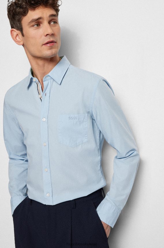 4TFNJN3431 أزرق فاتح Hugo Boss قميص بقصة ضيقة مزين بالشعار من قماش البوبلين القطني باللون الأزرق الفاتح