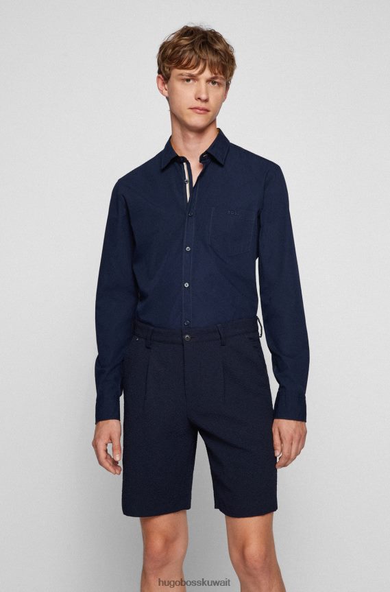 4TFNJN3432 أزرق غامق Hugo Boss قميص بقصّة ضيقة مزين بشعار الماركة باللون الأزرق الداكن من قماش البوبلين القطني