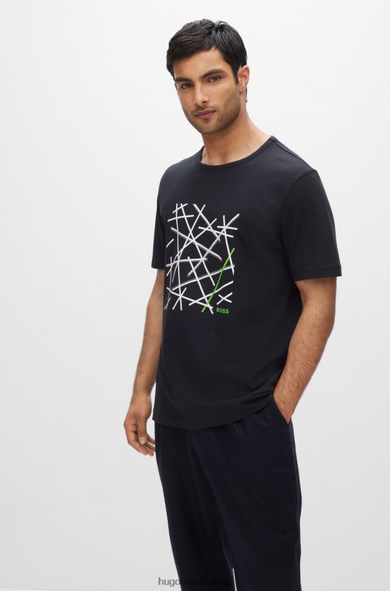 4TFNJN3436 أزرق غامق Hugo Boss تيشيرت هوغو من الجيرسي القطني ذو المقاس العادي مع شعار عمل فني باللون الأزرق الداكن