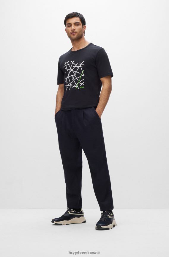 4TFNJN3436 أزرق غامق Hugo Boss تيشيرت هوغو من الجيرسي القطني ذو المقاس العادي مع شعار عمل فني باللون الأزرق الداكن