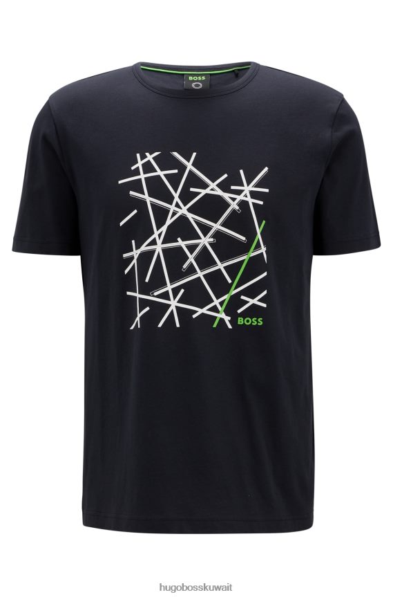 4TFNJN3436 أزرق غامق Hugo Boss تيشيرت هوغو من الجيرسي القطني ذو المقاس العادي مع شعار عمل فني باللون الأزرق الداكن