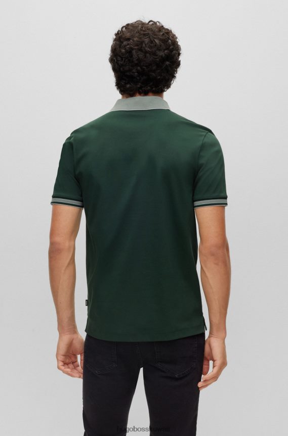 4TFNJN3439 أخضر غامق Hugo Boss قميص بولو من القطن المتشابك مع حواف متباينة باللون الأخضر الداكن