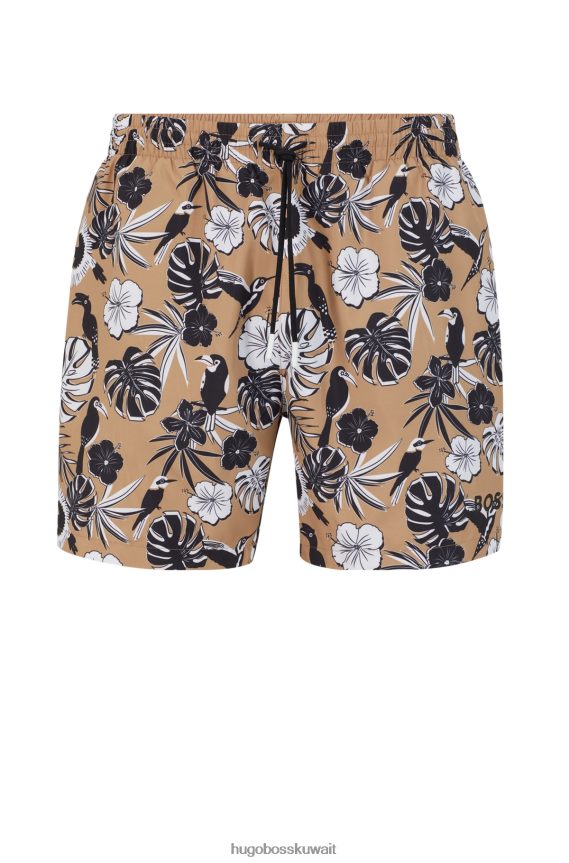 4TFNJN3445 اللون البيج Hugo Boss شورت سباحة بطبعة زهور مع تفاصيل الشعار هوغو بيج