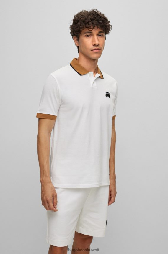 4TFNJN3448 أبيض Hugo Boss قميص بولو من القطن العضوي من Hugo مع رقعة سيارة أجرة باللون الأبيض