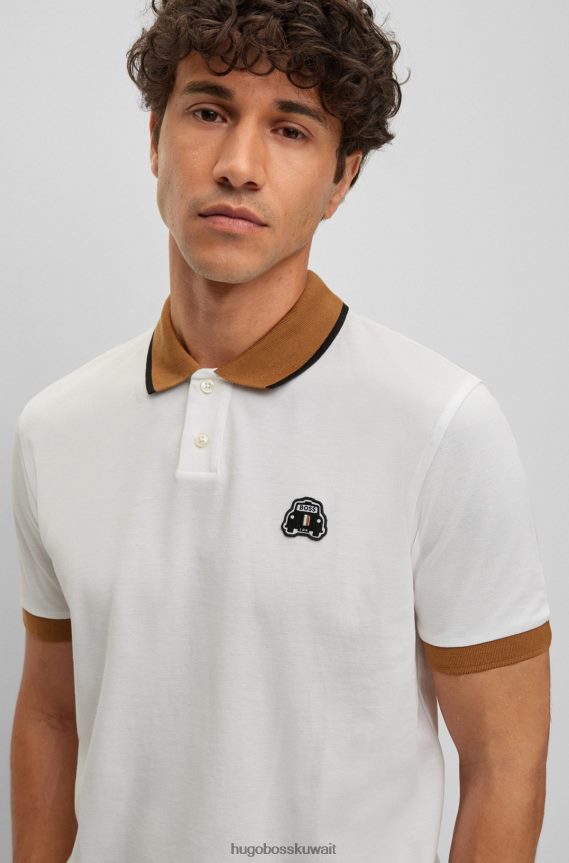 4TFNJN3448 أبيض Hugo Boss قميص بولو من القطن العضوي من Hugo مع رقعة سيارة أجرة باللون الأبيض