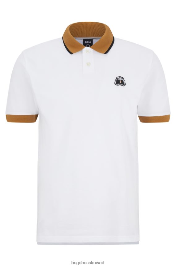 4TFNJN3448 أبيض Hugo Boss قميص بولو من القطن العضوي من Hugo مع رقعة سيارة أجرة باللون الأبيض