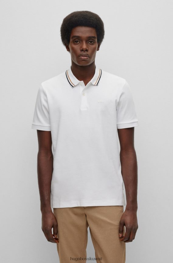 4TFNJN3450 أبيض Hugo Boss قميص بولو أبيض بقصة ضيقة من القطن مع ياقة مخططة