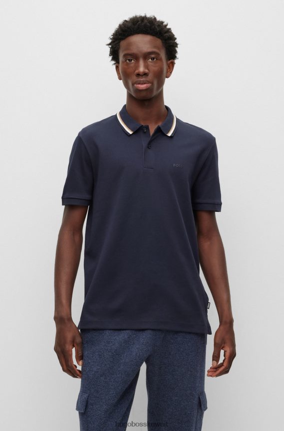 4TFNJN3451 أزرق غامق Hugo Boss قميص بولو بقصة ضيقة من القطن مع ياقة مخططة باللون الأزرق الداكن