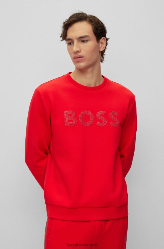 4TFNJN3453 أحمر Hugo Boss سويت شيرت هوغو من مزيج القطن باللون الأحمر بقصة مريحة مع شعار حجر الراين