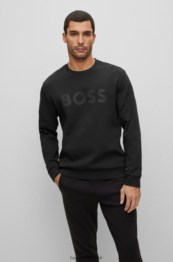 4TFNJN3454 أسود Hugo Boss سويت شيرت هوغو من مزيج القطن بقصة مريحة مع شعار حجر الراين باللون الأسود