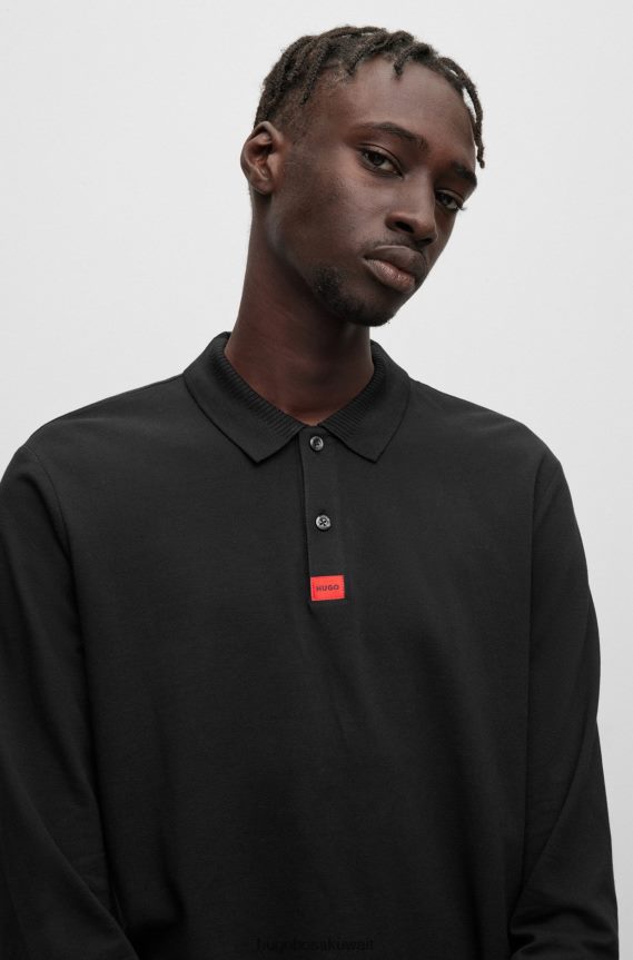 4TFNJN3457 أسود Hugo Boss قميص بولو من قطن بيكيه © بقصة ضيقة مع شعار هوغو باللون الأسود