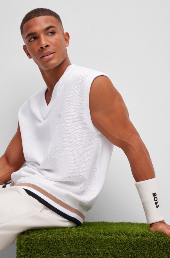 4TFNJN3463 أبيض Hugo Boss سترة بدون أكمام من X Matteo Berrettini من القطن الخالص مع تفاصيل مخططة